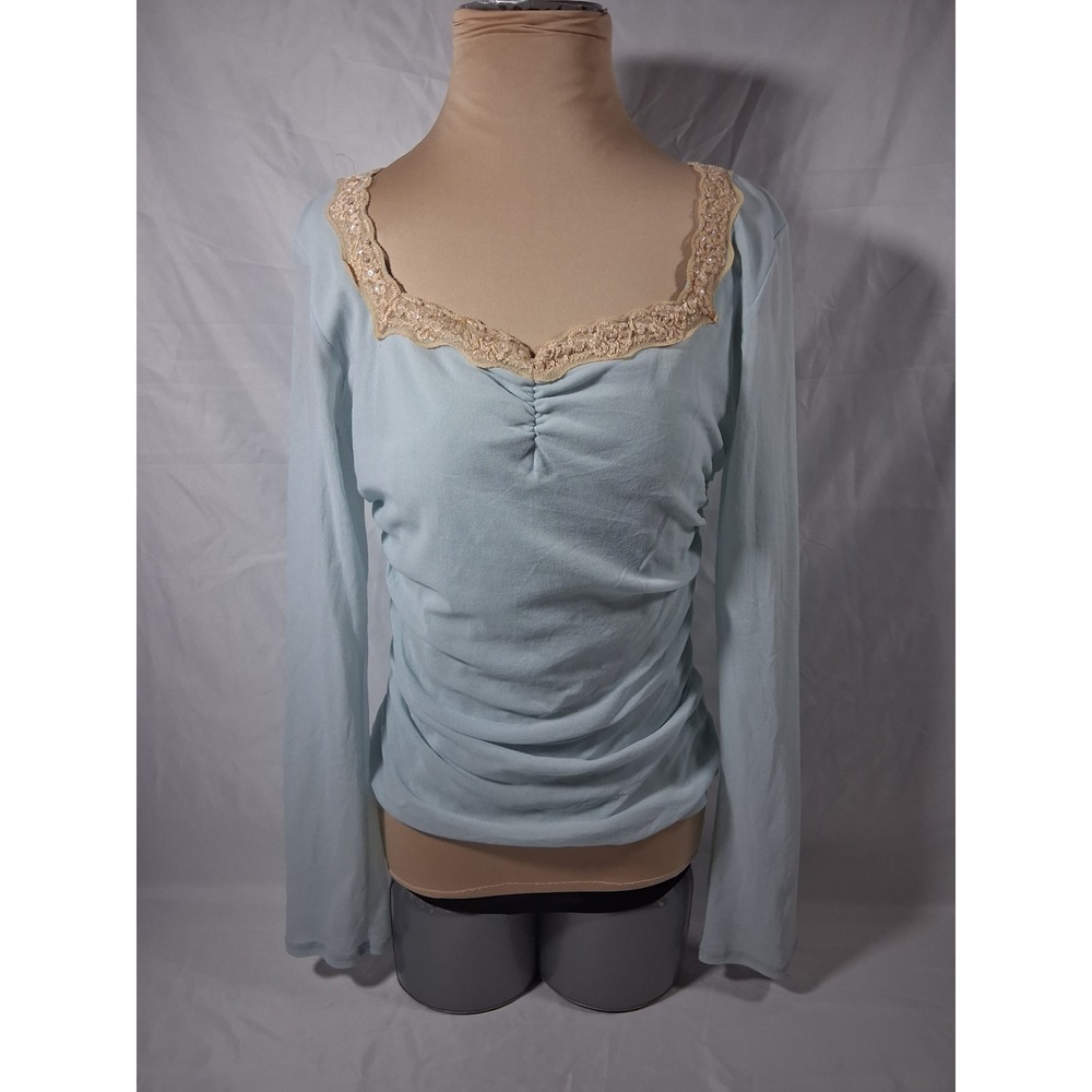 Studio Y Baby Blue Lace Trim Ruched Sweetheart Top Y2K Fairycore Large